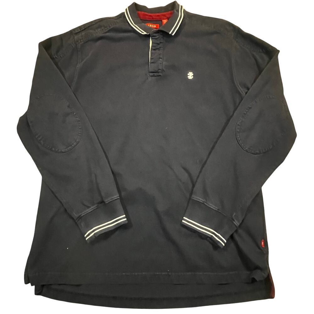 IZOD Rugby Men Large Navy Long Sleeve Polo Shirt Elbow Patch Cotton Casual‎